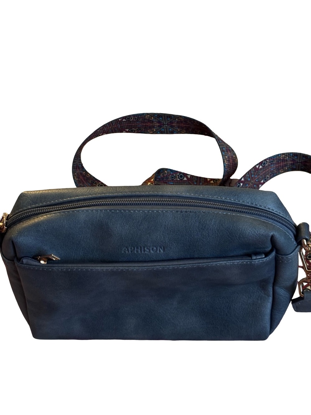Navy Leather Crossbody Bag with Patterned Strap